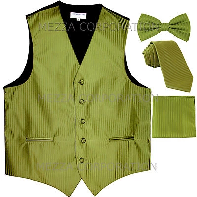 New Men's Tuxedo Vest Vertical Stripes Necktie Bowtie & Hankie set Spinach Green - Image 1 of 4
