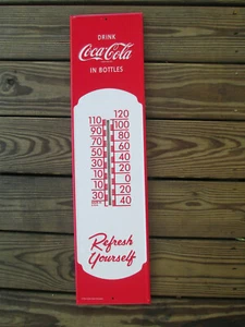 Coca-Cola Red And White Metal Thermometer Refresh Yourself Retro - Picture 1 of 6