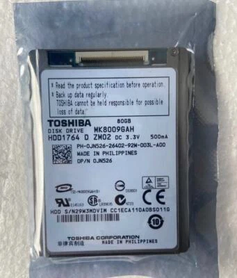Toshiba 80GB HDD DISK DRIVE MK8009GAH 29M3MDVIW CC1ECA110A0BS011G HDD1764 D ZM02 - Image 1 of 3