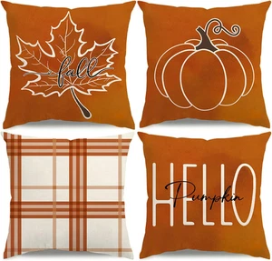 Fall Pillow Covers 18x18 Thanksgiving Farmhouse Decor Maple Pumpkin Set of 4 - Picture 1 of 12