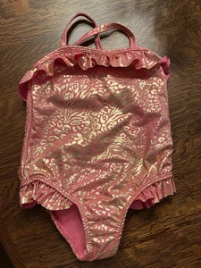 Vince Camuto Girls Pink and Gold-Leaf Patterned One-Piece Swimsuit Size 5 NWT - Picture 1 of 5