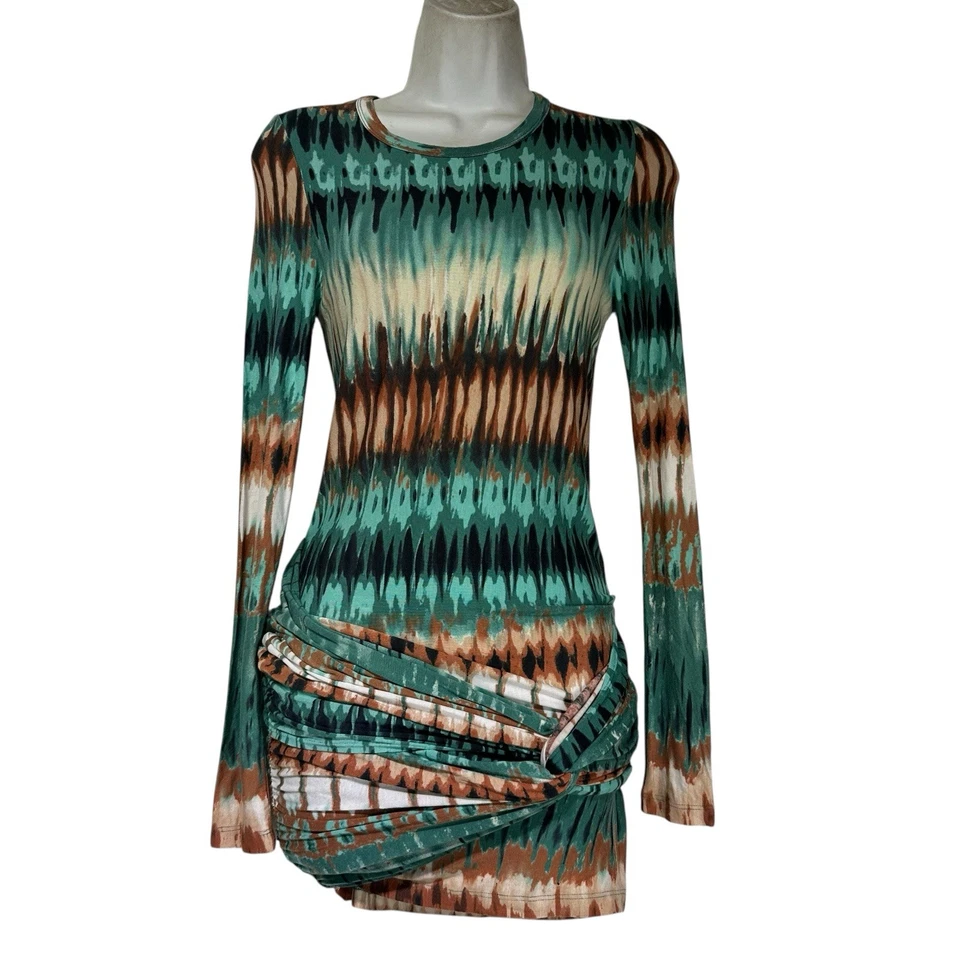 Torn by Ronny Kobo Ikat Bodycon 长袖迷你连衣裙绿色棕色褶皱 S 码 — 第 1/4 张图片