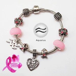 Pulsera Cinta Cáncer de Mama de Mama Acuario Plata Zodiaco Púrpura Negro Rosa Murano - Imagen 1 de 1