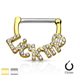 Pair of CZ Paved "Lick Me" 14K Gold Plated Surgical Steel Nipple Clicker Rings - Picture 1 of 5