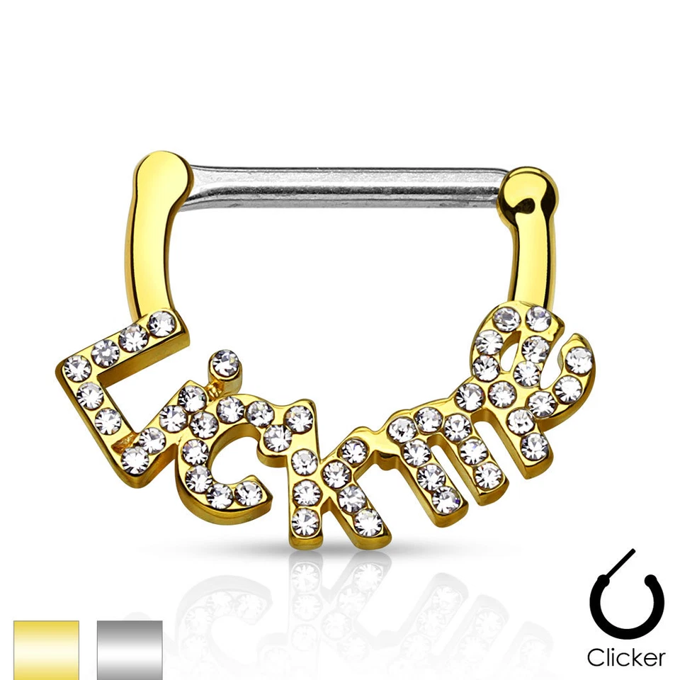 一对 CZ 铺面“Lick Me”14K 镀金手术钢乳头点击环 — 第 1/3 张图片