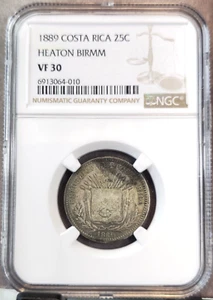 1889 COSTA RICA SILVER 25 CENTAVOS HEATON BIRMM NGC VF 30 SCARCE NICE COIN - Picture 1 of 3