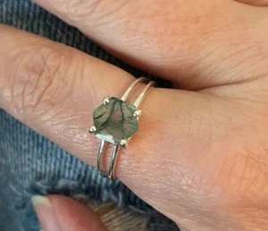 Natural Moss Agate Ring Hexagon Ring Healing Stone Ring Sterling Silver Ring - Picture 1 of 2
