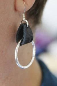 Solid Sterling Silver and Genuine Black Leather Handmade Dangle Earrings - Picture 1 of 6