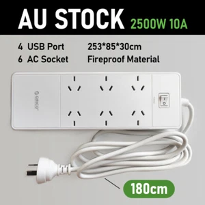 2400W Power Board 6 AC Australian Outlets 4 USB Charging Ports 1700J Surge - Picture 1 of 7