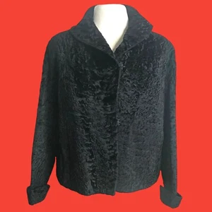 Black Persian Lamb Jacket Wavy Coat Short Crop Vintage 50s French Clip Medium - Picture 1 of 16