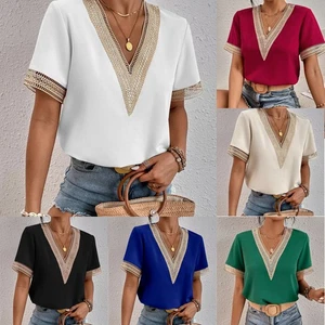 Plus Size Womens V Neck Casual Shirts Tops Tee Ladies Short Sleeve Summer Blouse - Picture 1 of 21