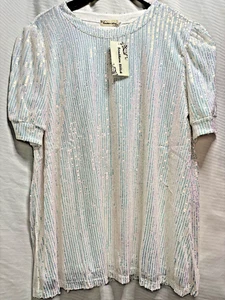 Southern Stitch NWT Sequin Top Silver Iridescent Puff Sleeve Shimmer Blouse L - Picture 1 of 14