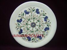 11" Antique Marble Round Serving Plate tray makrana Mosaic blue Inlay Decor Art
