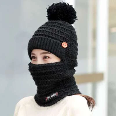 2 en 1 Mujeres Babero Gorro Sombrero Pom Bobble Bufanda Máscara Conjunto Tejido Invierno Cálido Gorra para Nieve Foto 1 de 4