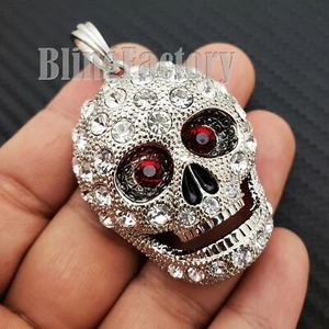 HIP HOP ICED WHITE GOLD PLATED LAB DIAMOND RAPPER'S RED EYE SKULL CHARM PENDANT - Picture 1 of 3