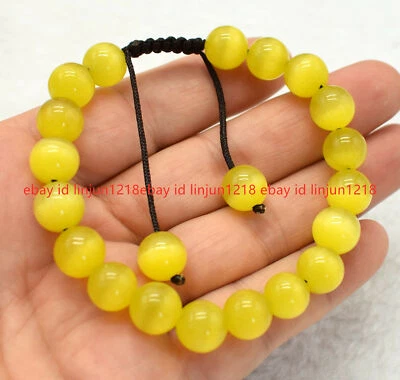 Fashion 8/10/12mm Yellow Opal Cat's Eye Gemstone Round Beads Bracelet 7.5" AAA - Image 1 of 4