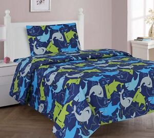 2pc Blue Shark Youth Twin Sized Quilt Quilted Bedspread Set Bedding
