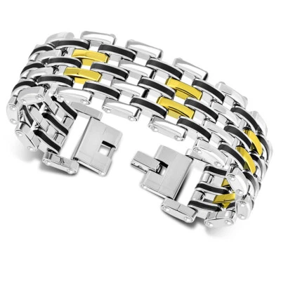 Brazalete de acero inoxidable tono plata tono dorado negro cadena de eslabones anchos para hombre, 8" Foto 1 de 2