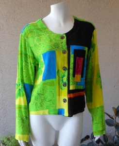 Key Lime Pie Crinkle Rayon Top Short Jacket Size M Wearable Art Boho Patchwork - Picture 1 of 8