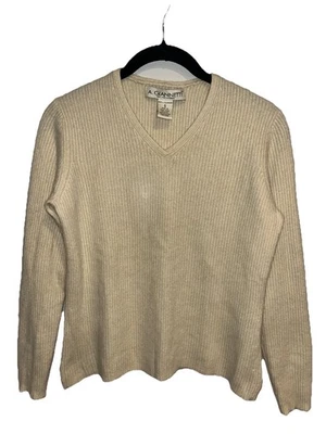 Suéter pequeño Saks Fifth Avenue para mujer 100 % cachemir cuello en V 2 capas beige crema Foto 1 de 4