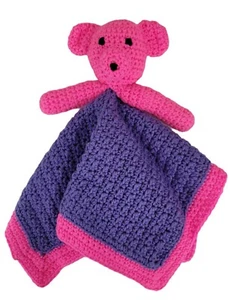 Lovey Bear Security Blanket Bear Pink Purple 16" X 16" Hand Crochet Knitted - Picture 1 of 4