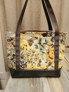 New Canvas Floral Tote Shopper shoulder Bag Yellow Brown Double handle Carryall - Picture 1 of 8
