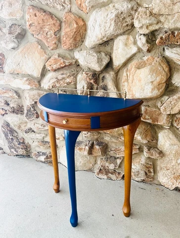 Vintage Restored Queen Anne Side Table Medium Wood & Blue w/ Gold Accents Cover