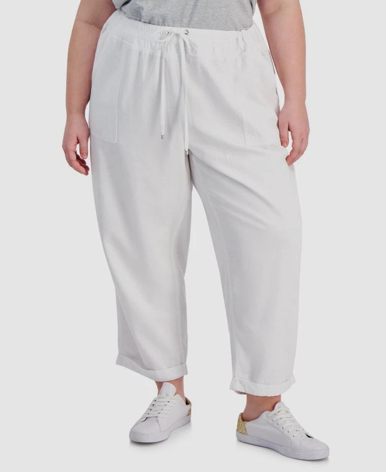 Pantalones de sarga Tommy Hilfiger para mujer blancos de tiro alto con puños de algodón talla grande 2X Foto 1 de 1