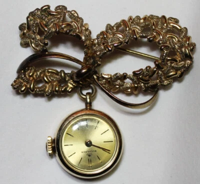 Bucherer 17 Jewel Lapel Pocket Watch 20 Microns Gold Americ Metal Bow Brooch Pin - Image 1 of 4