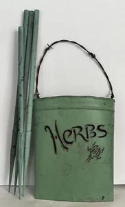 Vintage Tin Herb Hanging Basket & Plant Poles Tole Painted Jadeite Green - Picture 1 of 24
