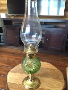 Green Hobnail and Brass Oil Lantern 15” Tall Vintage - Picture 1 of 2