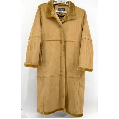 Centigrade Womens Petite Medium Camel Brown Faux Suede Fur Trim Long Trench Coat - Image 1 of 4