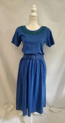 90s Vintage Dress Talbots Midi T Shirt Style Royal Blue Jersey Belted Pockets XS - Image 1 of 4