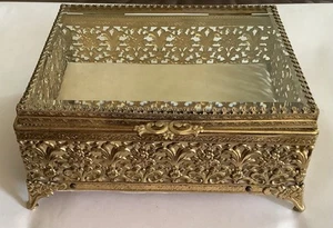 Joyero Oro Baratija Filigrana Flores Vidrio Biselado Terciopelo De Colección Ataúd (164ia) - Imagen 1 de 8