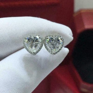 Heart Cut VVS1/D Lab-Created Diamond Halo Push Back Stud Earrings In 925 Silver - Picture 1 of 6