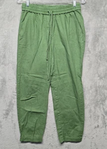 J Crew Pants Womens Sz 2 Green Linen Blend Elastic Waist Pull On Pockets Cuffed - Picture 1 of 15
