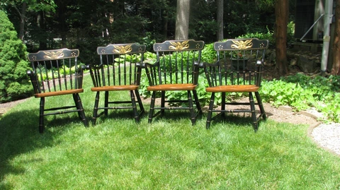4 S. Bent & Brothers Hitchcock style black w maple arm (captains) chairs w/eagle Cover