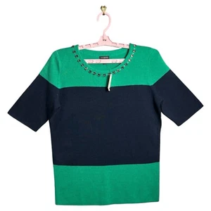 New Talbots Women's Short Sleeve Sweater Shirt in Striped Merino Wool, Size M - Picture 1 of 6