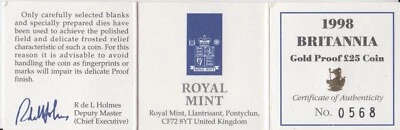 Gold Proof 1998 Britannia 1/4 Certificate of Authenticity COA ONLY NO COIN [D] - Image 1 of 2
