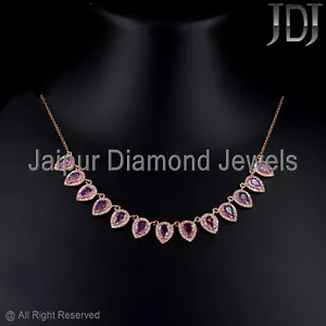 Sólido 14k Oro Rosa Collar Diamante Original Rosa Piedra Preciosa Zafiro Collar - Imagen 1 de 10