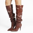 Ladies Knee High Boots High Heel Pointy Toe Nightclub Pleated Mid Calf Shoes 47
