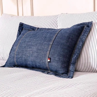 Fundas de almohada decorativas 100 % algodón denim lavado azul oscuro Foto 1 de 4