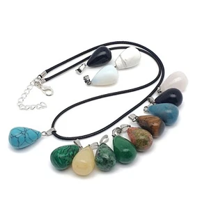 Necklace Teardrop Gemstone Pendant Faux Leather Cord Boho Chakra Crystal Casual - Picture 1 of 63