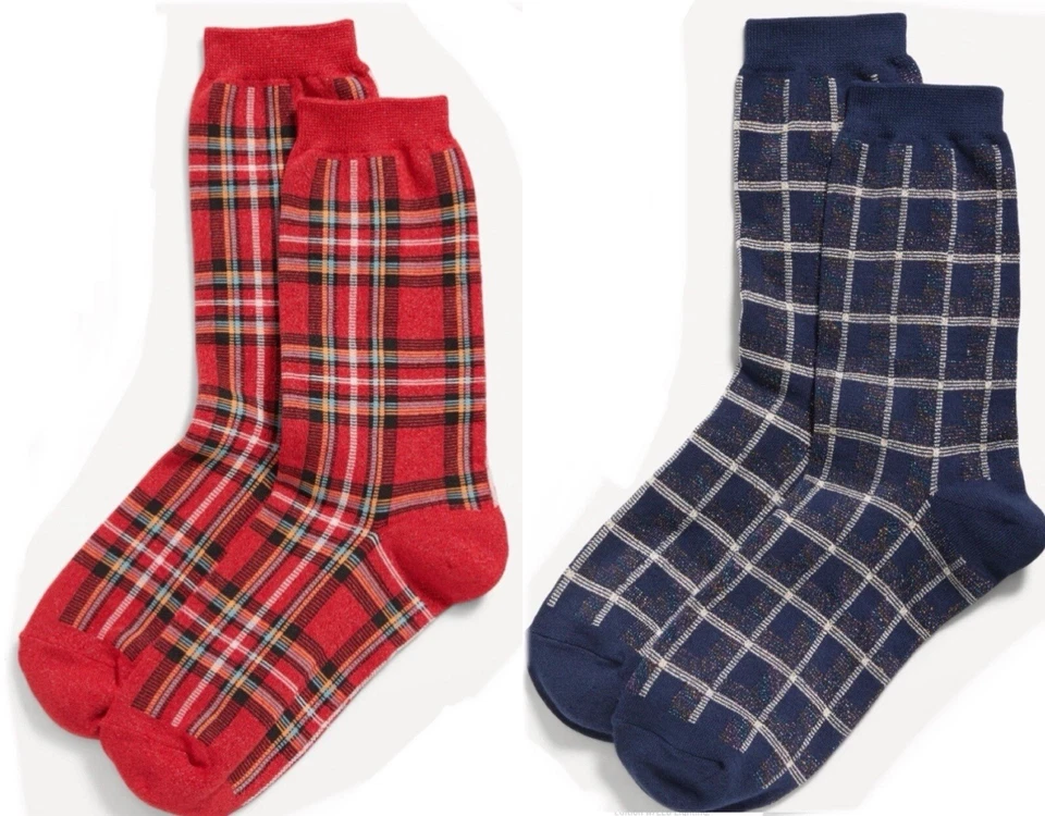 Old Navy 女式船员袜 ~ 2 双海军蓝格子 & 红色格子 ~ 全新带标签 — 第 1/3 张图片