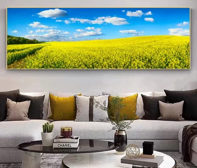 Panoramic View ofYellow Rapeseed Field Blue Sky Canvas Print Wall Art Home Decor - Image 1 of 4