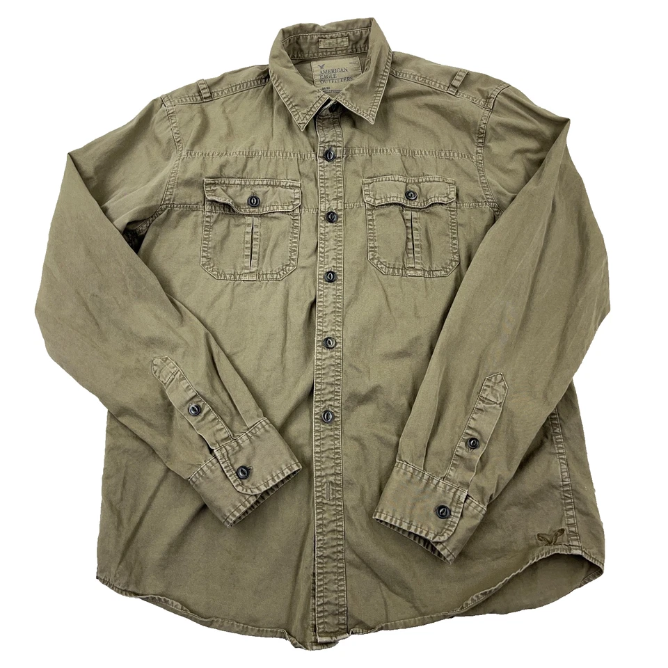 Camisa De Colección Y2K American Eagle Hombres Mediana Denim Abotonada Ejército Militar Safari Foto 1 de 4