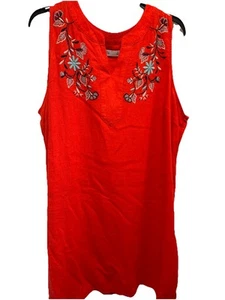 Ladies Size XL Croft & Barrow Orange Linen & Rayon Dress Blue Floral Embroidery - Picture 1 of 22