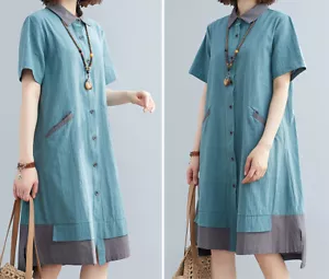 Damen Baumwolle/Leinen weiche Kleidung kurzärmelig Knopfleiste Kleid - Bild 1 von 6