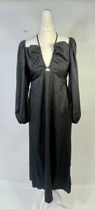 New Look Volume Sleeve V Tie Neck Plunge Spot Satin MIDI Dress Black UK Size 14 - Picture 1 of 8