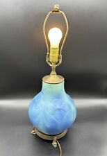 Antique Van Briggle Pottery Lamp Ming Blue Flowers Brass Asian Fish Feet Floral